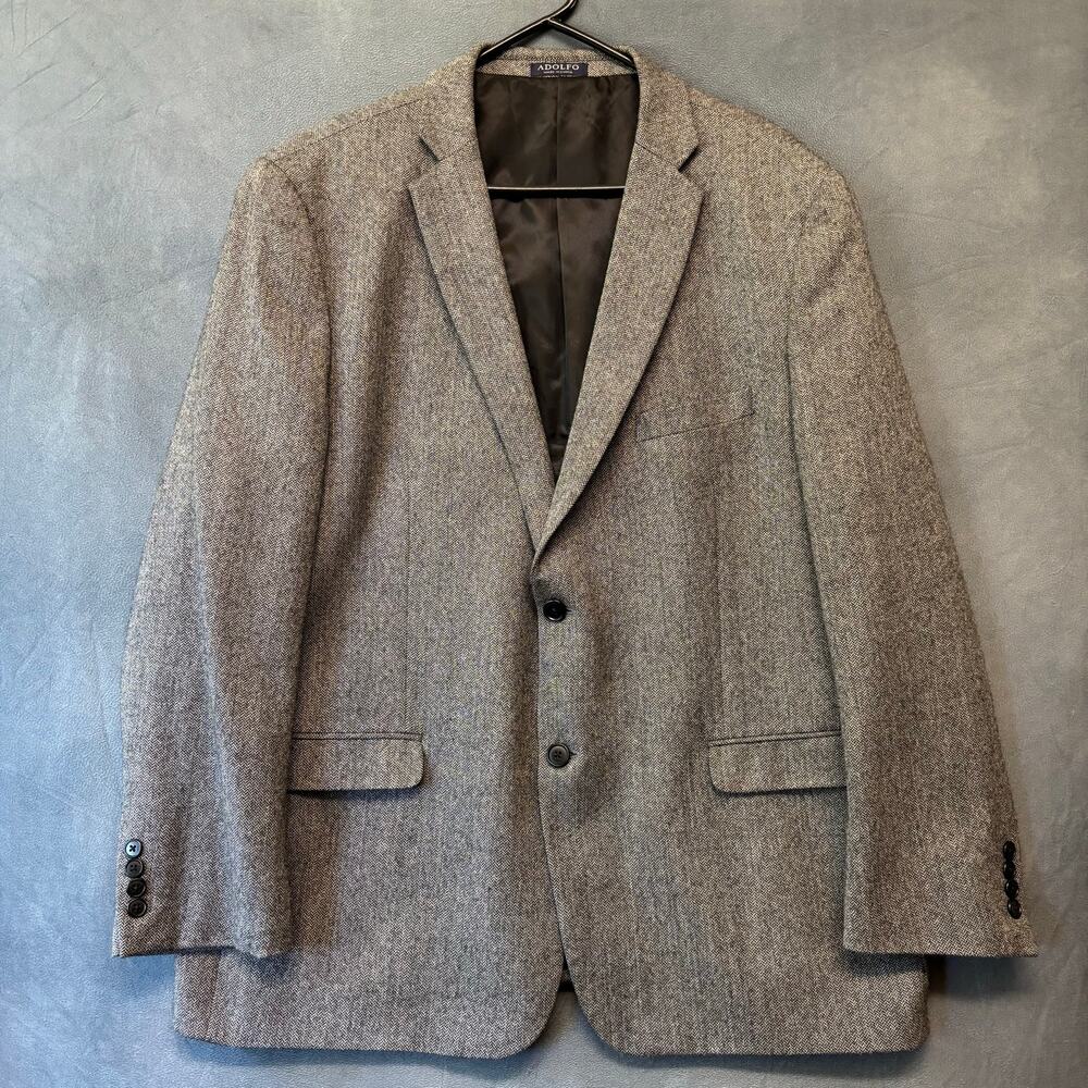 Vintage Adolfo 100% Lambswool Gray Herringbone Blazer Sport Coat 48R Grandpacore